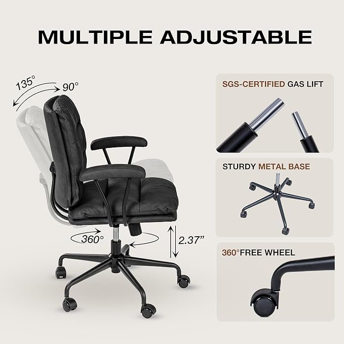Black PU Leather Office Chair with Wheels, Adjustable Swivel Chair for Home and Office, Lumbar Support, Removable Armrests, Small Spaces