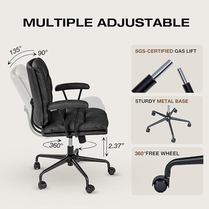 Black PU Leather Office Chair with Wheels, Adjustable Swivel Chair for Home and Office, Lumbar Support, Removable Armrests, Small Spaces