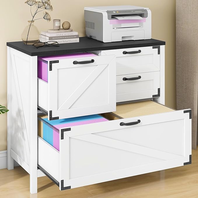 Lateral File Cabinet with 4 Drawers Farmhouse File Cabinet for Letter/Legal/A4 Size Hanging Files, Large Wood File Storage Cabinets Printer Stand for Home Office Cabinet, White and Black
