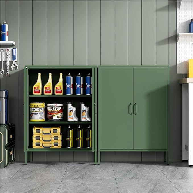 Metal Storage Cabinet with Doors and Shelves,Multipurpose Storage Rack, 3-Tier Shelf,Metal Locker Style Accent Cabinet for Home Office,Living Room,Kitchen (Forest Green, 40''H)