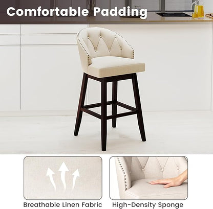 COSTWAY Bar Stools Set of 2, 31’’ Swivel Bar Stools with Rubber Wood Legs & Padded Back, Breathable Linen Fabric, Stylish Tufted Design & Rivet Decoration, Adjustable Foot Pads (2, Beige + Brown)