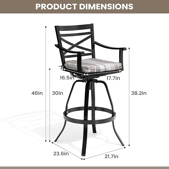 Pellebant 6 Pack Sunbrella Outdoor Bar Stools 30", Aluminum Swivel Patio Bar Height Bar Stools with Back & Footrest, for Deck Lawn Garden(Milano Char)
