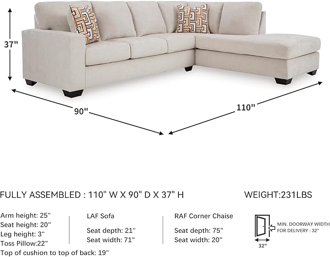 Signature Design by Ashley Aviemore Casual L-Shaped 2-Piece Sectional with Chaise and Loose Seat Cushions, Accent Pillows Included, 110" Wide, Light Gray