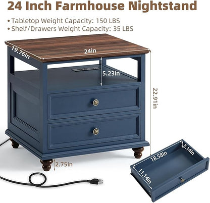 Farmhouse Dresser and Nightstand Sets, Wood 54" Wide Dresser & 24" Night Stand with Charging Station, 2 Piece Bedroom Furniture Set, Chest of Drawers for Bedroom, Home, Living Room, Hallway