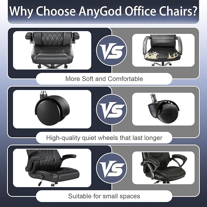AnyGod Executive Leather Office Chair, Ergonomic Mid-Back Desk Chairs Comfy for Home Office with Flip-up Armrests, Lumbar Support, Adjustable Height and Swivel Rolling Wheels