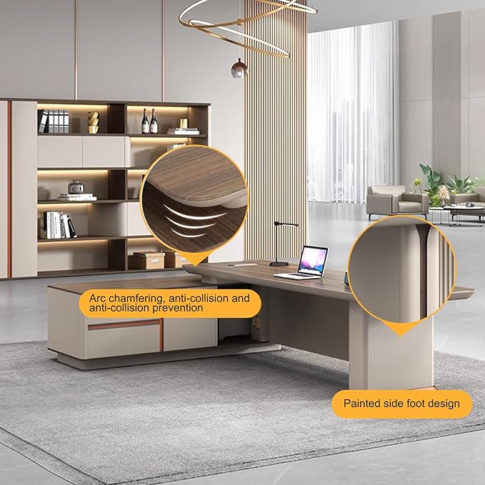 78IN L Shaped Executive Desk - Executive Office Desk with Side Cabinet & Grille Front Baffle & Embedded LED Strip & Mechanical Password Lock & Double-Layer Countertop & Gold Foot Pad