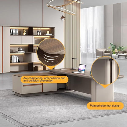 86IN L Shaped Executive Desk - Executive Office Desk with Side Cabinet & Grille Front Baffle & Embedded LED Strip & Mechanical Password Lock & Double-Layer Countertop & Gold Foot Pad