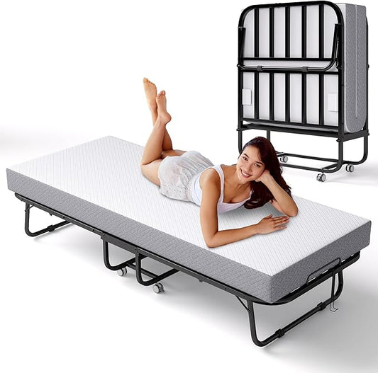 Folding Bed with Memory Foam Mattress, Portable Rollaway Guest Beds on Wheels, 75"x31" Twin Size Space-Saving Cot-Size Bed for Adults with Easy Assembly Metal Frame (White)