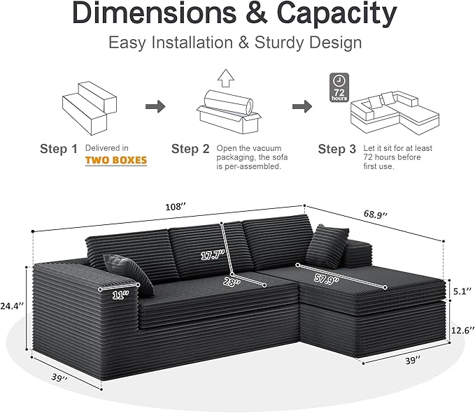 108-inch Boneless Couch for Living Room，Comfy Boneless Sofa with Deep Seats & Chaise Lounge, 3-Seat Modular Sofa Memory Foam Sectional Couches - No Assembly Required(Dark Grey)