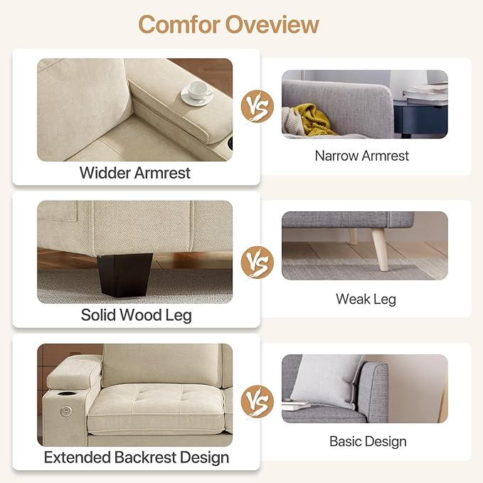 74" Loveseat Couch for Living Room, Modern Chenille Upholstered Sofa with Adjustable Armrest,Storage,Cup Holders,USB & Type-C Ports,Solid Wood 2-Seater Loveseat Sofa for Apartment(Beige)