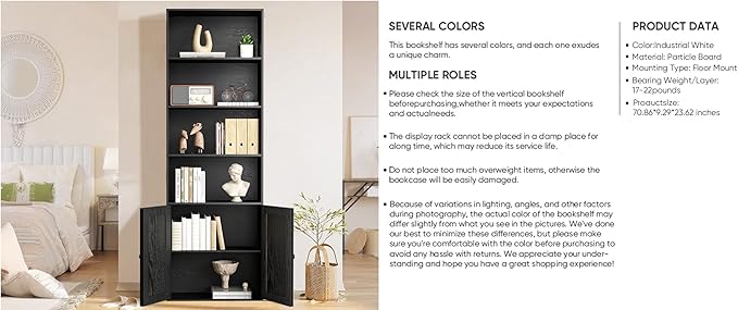 Bookshelf, 6-Tier Floor Bookcase with 2 Bottom Doors, 9.29"x23.62"x70.86", Storage Cabinet Bookshelves for Home Office, Living Room, Bedroom-Black