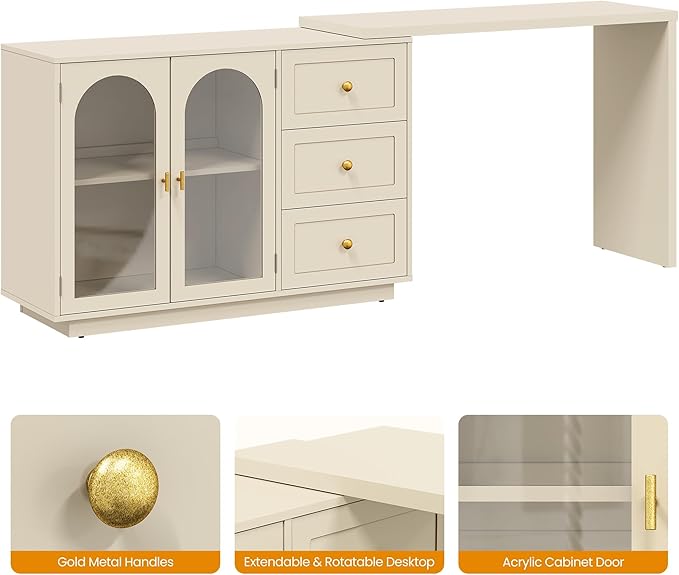 RoyalCraft L Shaped Home Office Desk, Large Extendable and Rotatable Desk with 3 Drawers and 2 Doors, Corner Computer Desk, Modern Study Writing Table for Bedroom, Home Office, Beige