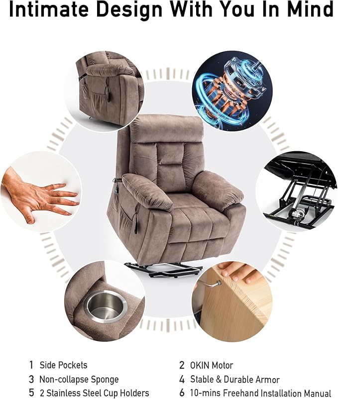 Large Power Lift Chairs Recliners for Elderly with Heated and Massage, Lazy Boy Recliner Chair with 26in Extra Wide Seat, Hidden Cup Holder, Side Pocket