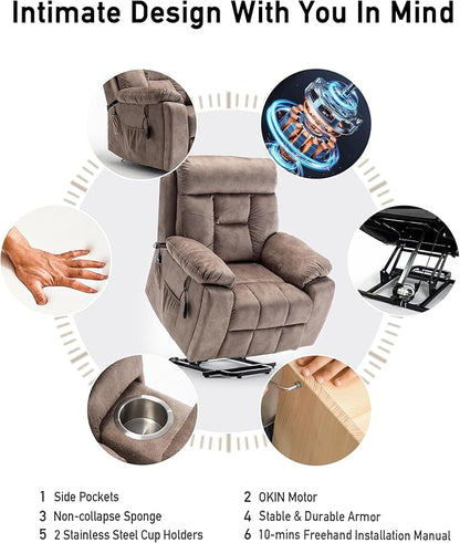 Large Power Lift Chairs Recliners for Elderly with Heated and Massage, Lazy Boy Recliner Chair with 26in Extra Wide Seat, Hidden Cup Holder, Side Pocket