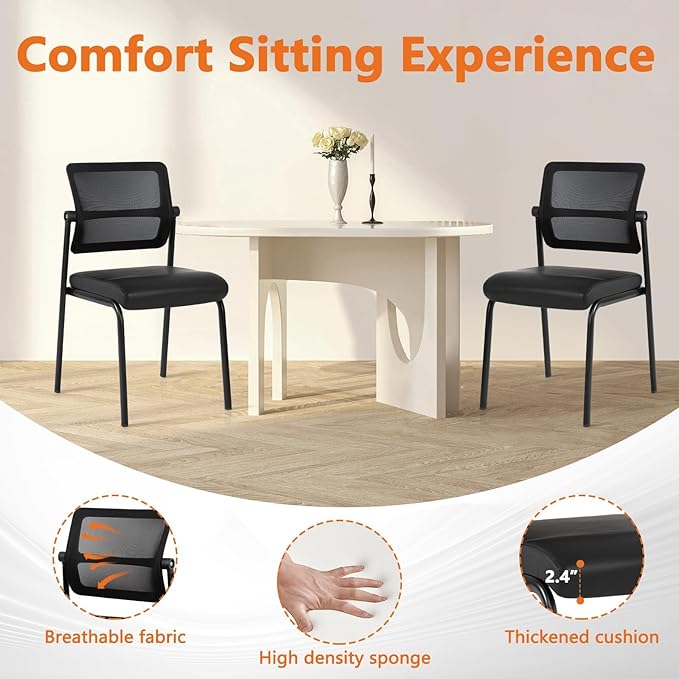 CLATINA Stackable Waiting Room Chair with Adjustable Mesh Backrest, Armless Office Guest Reception Chairs with Ergonomic Lumbar Support and Leather Cushion for Conference Lobby Side School, Black