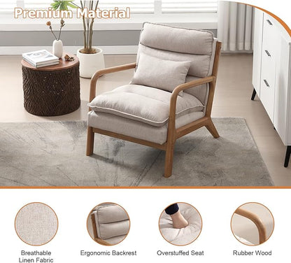 INZOY Accent Chairs Set of 2, Mid Century Modern Accent Chair with Wood Frame, Upholstered Reading Armchair with Waist Cushion, Side Chair for Living Room Bedroom Office, Easy Assembly, Beige