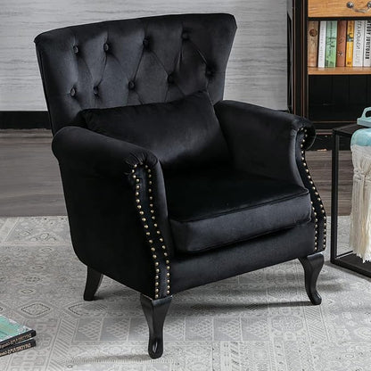 Accent Reading Arm Chairs for Living Room Bedroom, Midcentury Modern Comfy Corner Sofa Chair, Wingback Waiting Room Club Chair with Button Tufted Back &Lumbar Pillow, Velvet Black