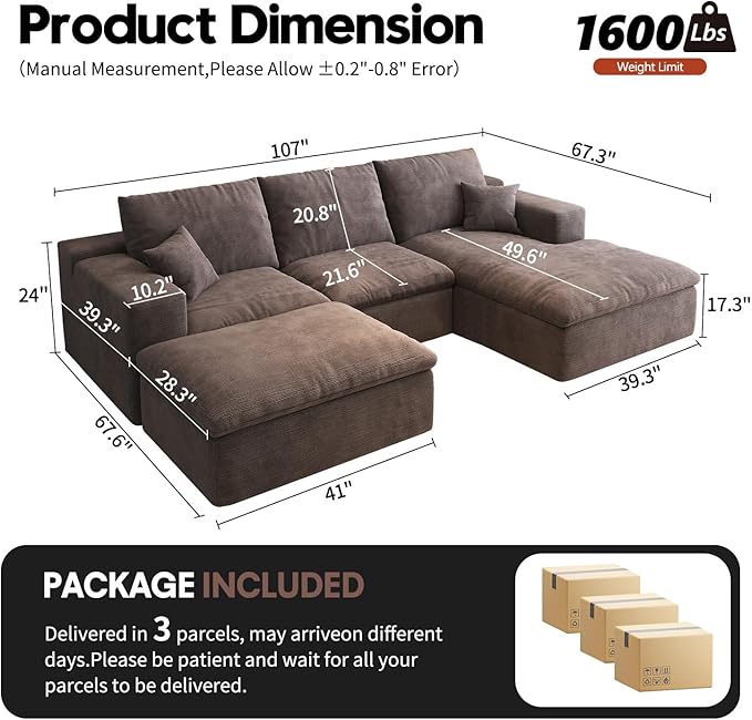 107'' U-Shaped Modern Modular Sectional Cloud Couch Whit Ottoman, 4-Seat Chenille Deep-Seat Sofa with Pillow for Living Room, Bedroom, Apartment, Camel