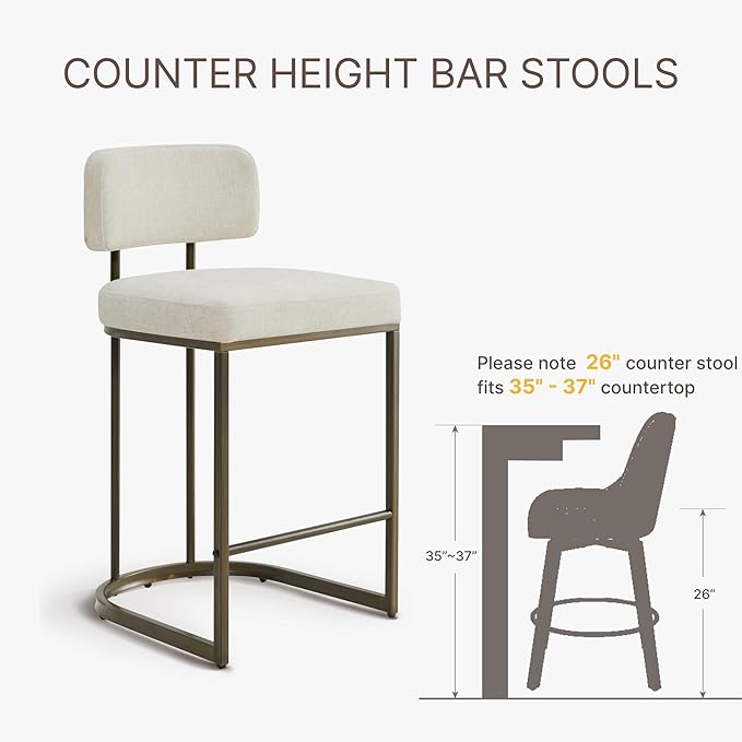 26" H Counter Height Bar Stools Set of 3, Modern Linen Fabric Upholstered Barstools with Backrest for Kitchen Island, Gold Metal Frames, Linen