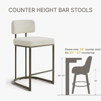 26" H Counter Height Bar Stools Set of 4, Modern Linen Fabric Upholstered Barstools with Backrest for Kitchen Island, Gold Metal Frames, Linen