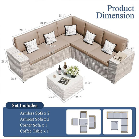 6-Piece Patio Furniture Set, Outdoor Extra Wide Armrest Modular Patio Sofa, Dual-Strand Rattan Wicker, Rust-Resistant Frame, Backyard High Back, Large Seat Furniture for Porch Garden Balcony, Khaki