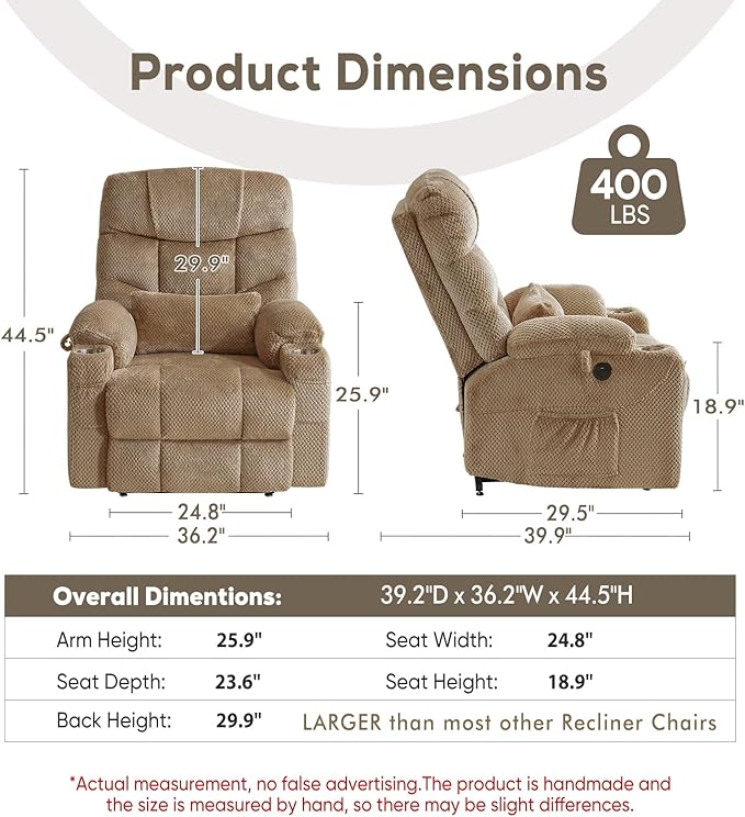ABCASA Oversized Dual Motor Lay Flat Power Lift Recliner Chair Set of 2 for Elderly with Massage and Heat, Textile Large Recliner Chair, Lift Chairs Recliner with Lumbar Pillow, Cup Holder, Beige