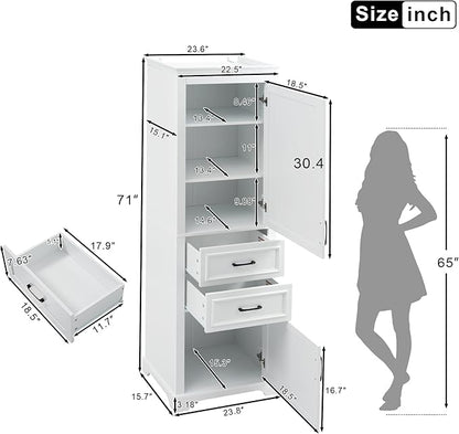 Tall Freestanding Storage Cabinet with 2 Doors & 2 Drawers, Multi-Purpose Organizer with Adjustable Shelf for Bathroom, Office, Living Room, White