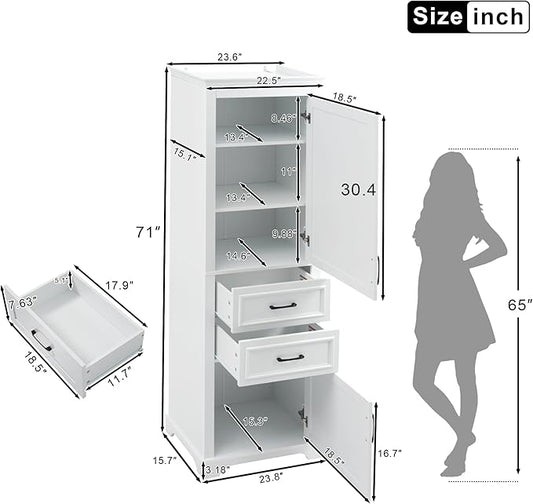 Tall Freestanding Storage Cabinet with 2 Doors & 2 Drawers, Multi-Purpose Organizer with Adjustable Shelf for Bathroom, Office, Living Room, White