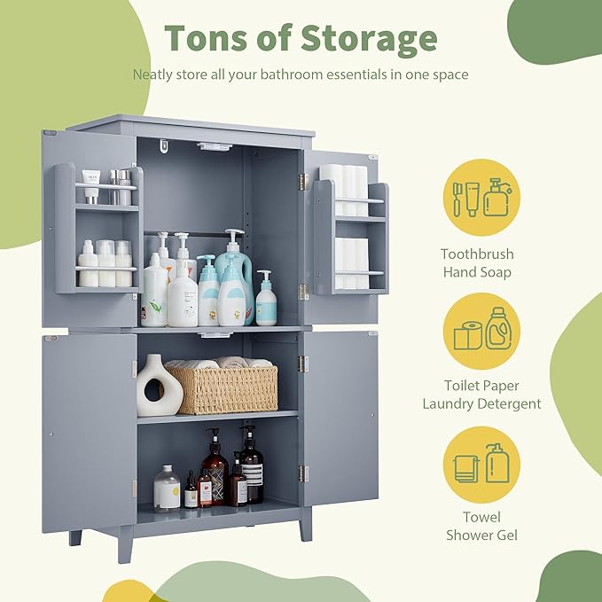 Tall Storage Cabinet, Bathroom Floor Freestanding Storage Cabinet with 2 Double-Door and Adjustable Shelves for Bathroom, Office, Living Room, Grey