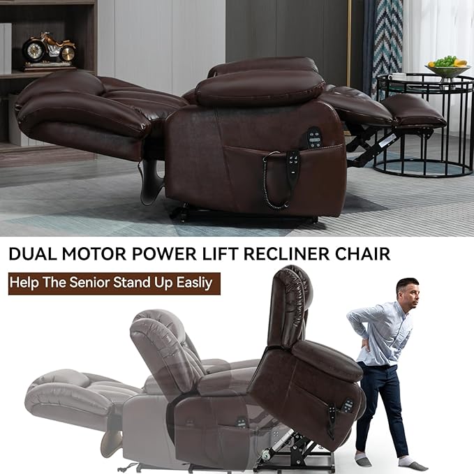 Luxlen Electric Power Lift Recliner Chair with Vibration Massage and Heat, Leather Reclining Chairs for Elderly with Remote Controls, Side Pockets, Big and Tall Recliner, Brown