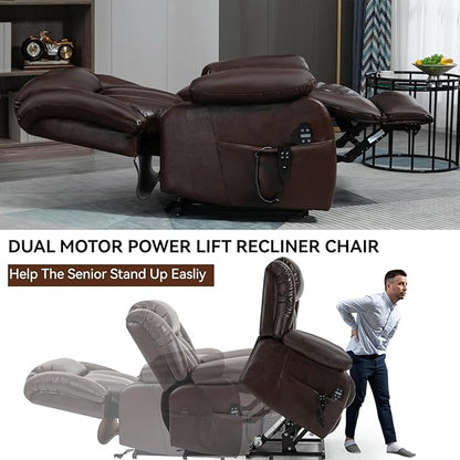Luxlen Electric Power Lift Recliner Chair with Vibration Massage and Heat, Leather Reclining Chairs for Elderly with Remote Controls, Side Pockets, Big and Tall Recliner, Brown