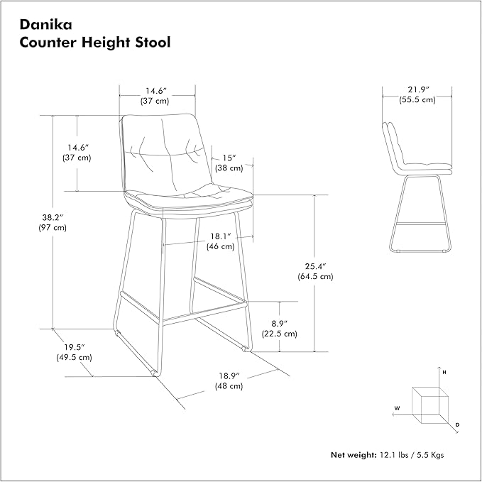 SIMPLIHOME Danika Counter Stools (Set of 2) - 24 Inch Seat Height Upholstered Metal Kitchen Seats in Camel Brown Vegan Faux Leather, Mid Century Modern Seating with Tufted Design and Footrest