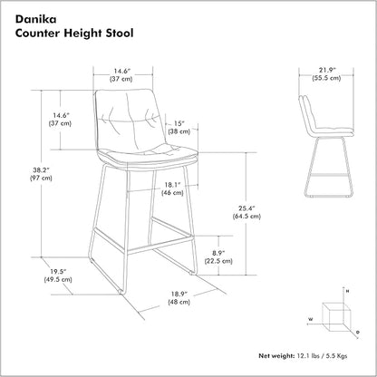 SIMPLIHOME Danika Counter Stools (Set of 2) - 24 Inch Seat Height Upholstered Metal Kitchen Seats in Camel Brown Vegan Faux Leather, Mid Century Modern Seating with Tufted Design and Footrest