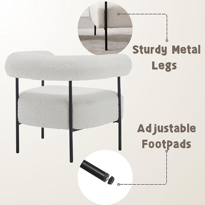 Modern Accent Chairs Set of 2, White Boucle Side Chairs with Curved Back, Sherpa Barrel Vanity ChairsArmchairs with Black Metal Legs & Upholstered for Living Room, Makeup Room