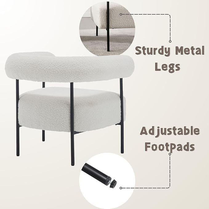 Boucle Modern Accent Chair with Curved Back, Small Living Room Vanity Chair, White Comfy Sherpa Barrel Armchair with Metal Legs & Upholstered for Bedroom, Makeup Room