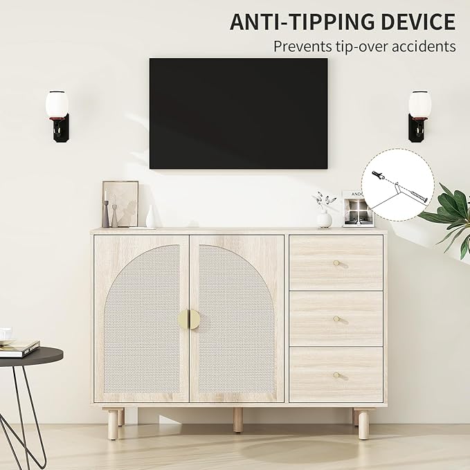Beige 2 Door 3 Drawer Rattan Cabinet, Accent Storage Cabinets with Cane Door, Stylish Boho Buffet Table with Storage,Black Rattan Cabinet Wood Credenza for Dining Room,Bathroom,Study,Kitchen