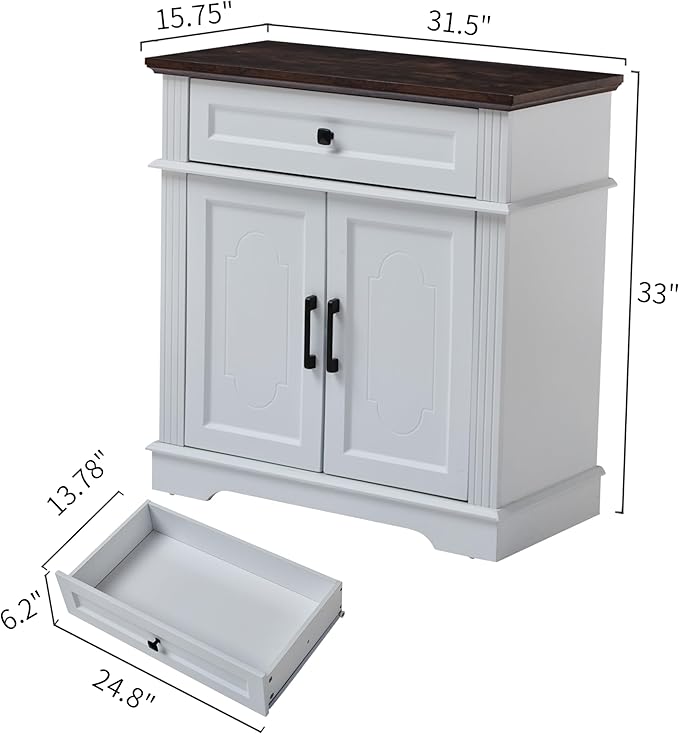 White Farmhouse Storage Cabinet with 2 Doors and 1 Drawer, Adjustable Shelf, Freestanding Kitchen Pantry Cabinet, Modern Buffet Sideboard Coffee Bar Cabinet Living Room Bathroom Dining Room