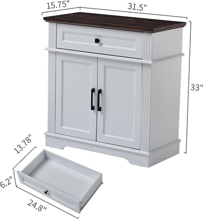 White Farmhouse Storage Cabinet with 2 Doors and 1 Drawer, Adjustable Shelf, Freestanding Kitchen Pantry Cabinet, Modern Buffet Sideboard Coffee Bar Cabinet Living Room Bathroom Dining Room