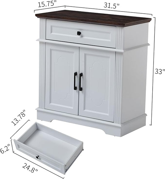 White Farmhouse Storage Cabinet with 2 Doors and 1 Drawer, Adjustable Shelf, Freestanding Kitchen Pantry Cabinet, Modern Buffet Sideboard Coffee Bar Cabinet Living Room Bathroom Dining Room