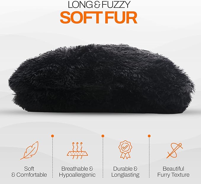 Cheer Collection Throw Pillows for Couch and Bed, Soft Shaggy Throw Pillows with Inserts Included, Cozy Long Hair Faux Fur Pillows - Set of 2-20" x 20" - Black