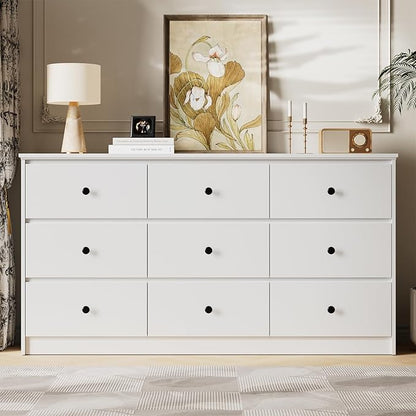 9 Drawer Dresser for Bedroom, 59" Wide White Chest of Drawers, Wooden Dresser with 9 Drawers with Ample Storage, Modern Storage Organizer for Hallway,Nursery