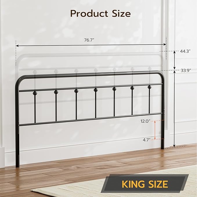 Black Metal King Size Headboard, Height Adjustable, Farmhouse Victorian Wrought Iron Headboards Only for Bedroom