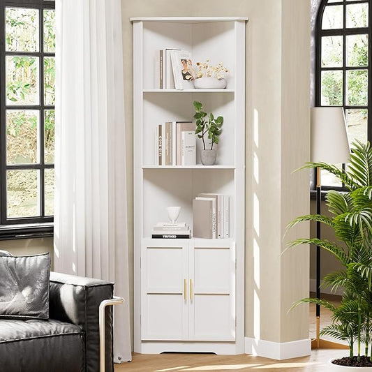 67'' Tall Corner Cabinet with 2 Doors and Storage Shelves,Modern Storage Cabinet with Barn Door Design, Home Space Saver for Living Room, Kitchen, Bathroom, Laundry Room, White