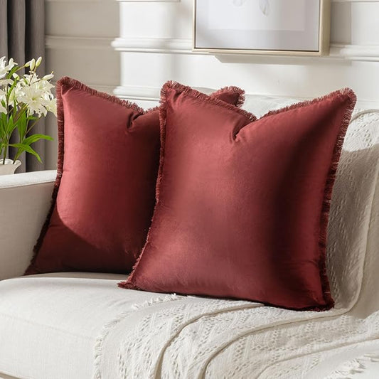 FUTEI Burgundy Velvet Decorative Throw Pillow Covers 20x20 Set of 2,Soft Cozy Edge with Tassels Cushion Case,Boho Modern Home Decor for Couch Bed Living Room