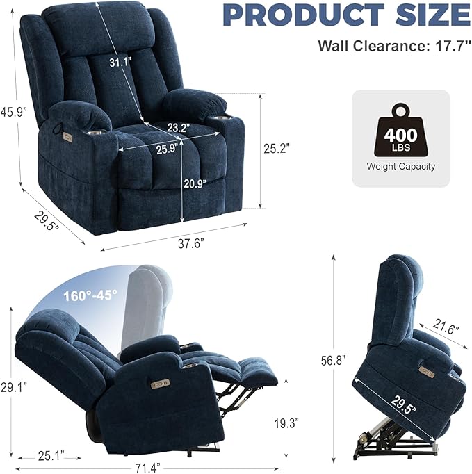 HUSFU Oversized Power Lift Recliner Chairs for Elderly with Massage and Heat, Wide Recliners Chair,Upgraded Chenille Lift Chairs w/Cup Holders, USB & Type-C Ports,Blue,1PC