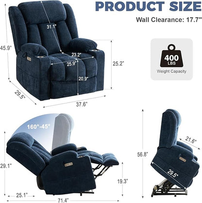 HUSFU Oversized Power Lift Recliner Chairs for Elderly with Massage and Heat, Wide Recliners Chair,Upgraded Chenille Lift Chairs w/Cup Holders, USB & Type-C Ports,Blue,1PC