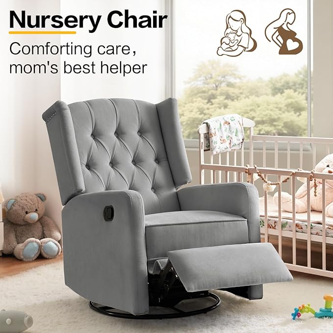 ABAKAN Swivel Rocker Recliner Chair, 360 Degree Nursery Rocking Recliner, Linen Glider Chair with Button Tufted Wingback Chair, for Living Room, Bedroom, Grey