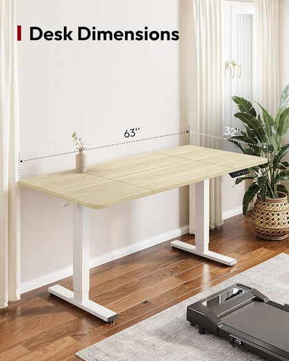 SANODESK Standing Desk Height Adjustable Electric Stand up Desk 63x32 Inches Sit Stand Home Office with Splice Board, White Frame/White Wood Grain