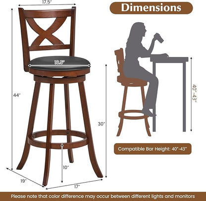 COSTWAY Bar Stools Set of 2, 30 Inch Classic Bar Height Chairs with X-Shaped Open Back, 2 PCS Swivel Barstool Set for Kitchen Island, Pub, Bistro, Café, Espresso (2, 30 Inch)