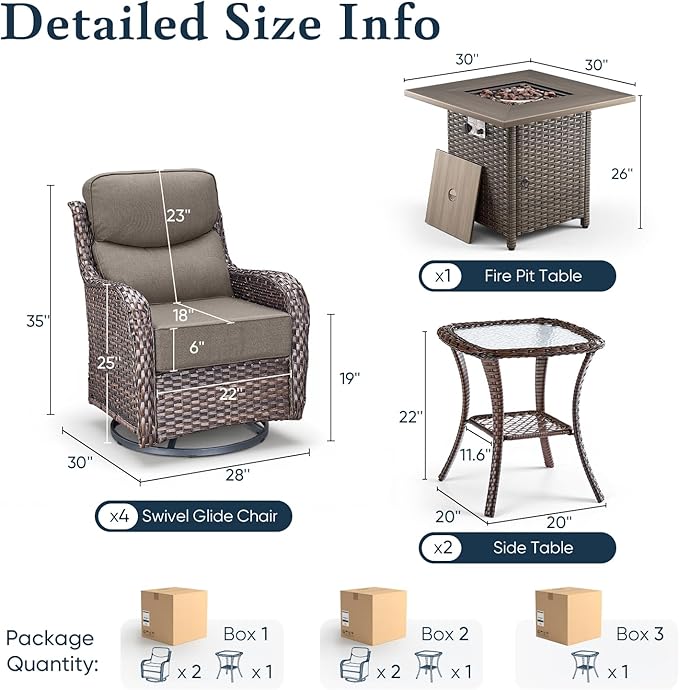 Belord Luxury 6" Thick Cushioned Outdoor Swivel Rocker Chairs Set of 4 with Fire Pit Table, High Back Wicker Patio Furniture Set with Ergonomic Zone Back, Conversation Set for Deck Porch - Brown+Grey